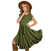 ZHUASHUM flower girl Dress Rock abilly Little Kids Party Retro Vintage Solid color short Sleeve Ruffles easter Swing dresses Army Green,Size:9-10 Years